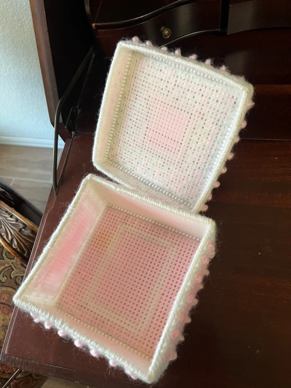 Cream and Pale Pink Crocheted Trinket Box with Ceramic Baby Topper